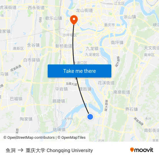 鱼洞 to 重庆大学 Chongqing University map