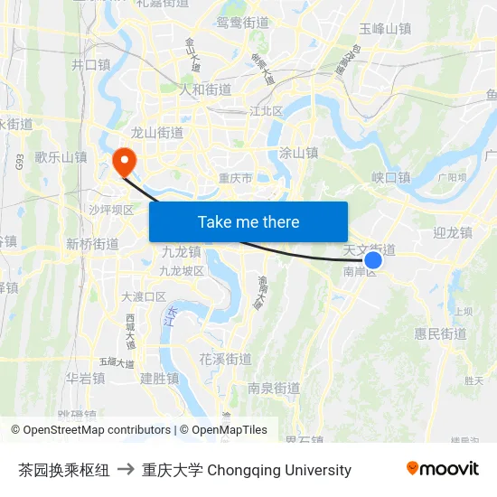 茶园换乘枢纽 to 重庆大学 Chongqing University map