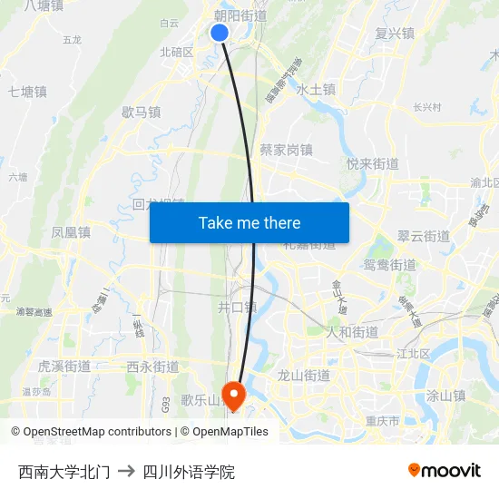 西南大学北门 to 四川外语学院 map