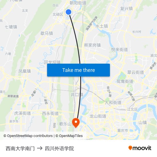 西南大学南门 to 四川外语学院 map