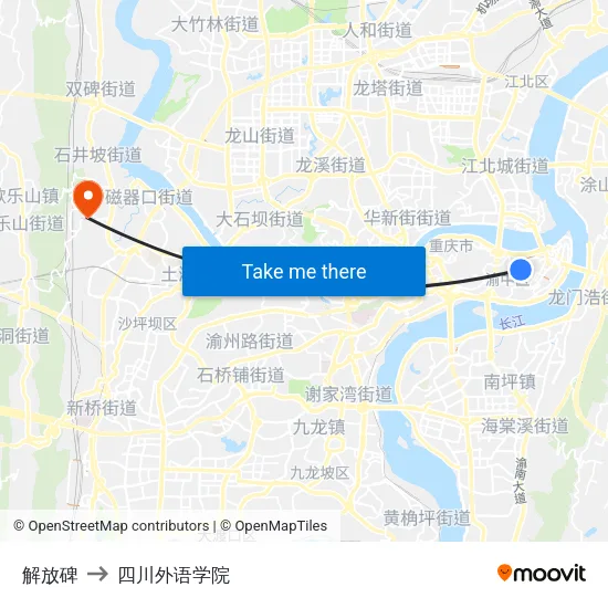 解放碑 to 四川外语学院 map