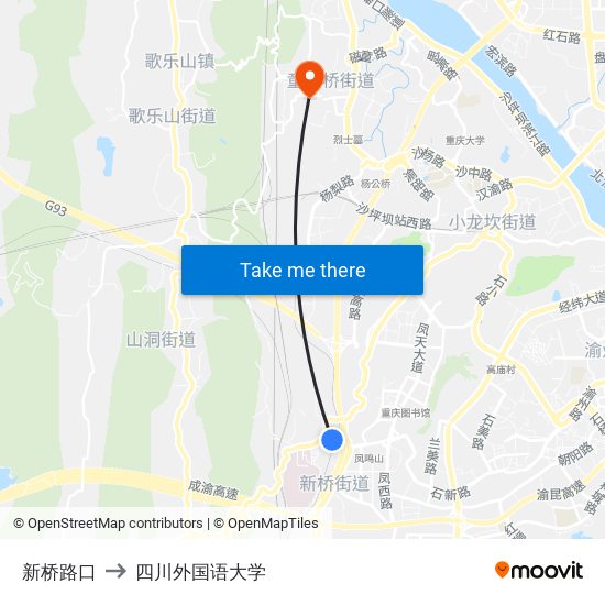 新桥路口 to 四川外国语大学 map