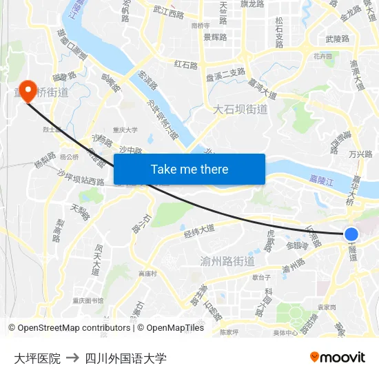 大坪医院 to 四川外国语大学 map