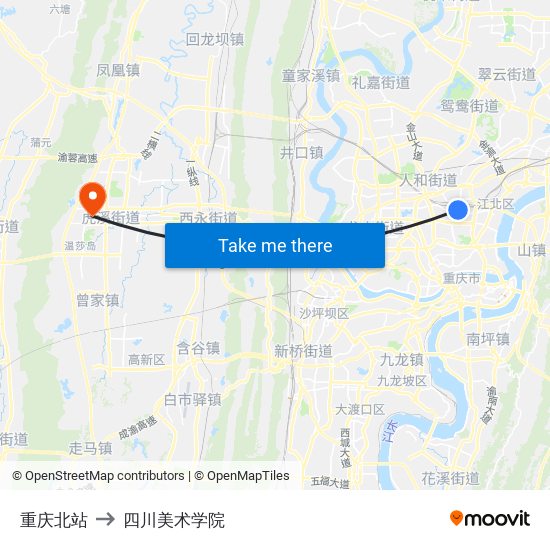 重庆北站 to 四川美术学院 map