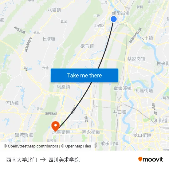 西南大学北门 to 四川美术学院 map