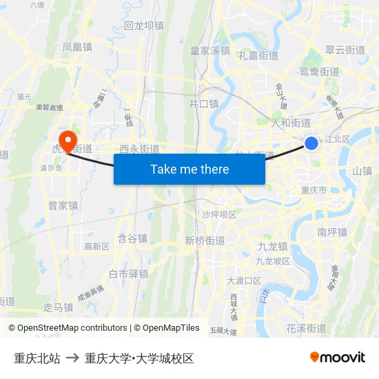 重庆北站 to 重庆大学•大学城校区 map