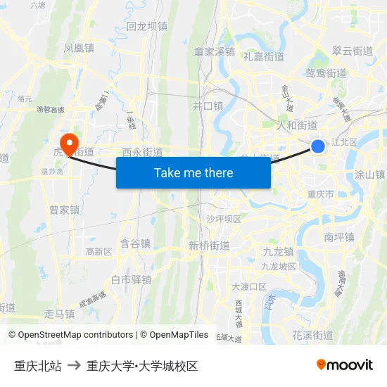 重庆北站 to 重庆大学•大学城校区 map