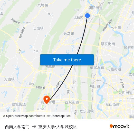 西南大学南门 to 重庆大学•大学城校区 map