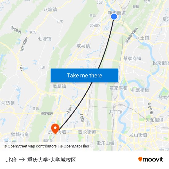 北碚 to 重庆大学•大学城校区 map