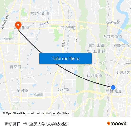 新桥路口 to 重庆大学•大学城校区 map