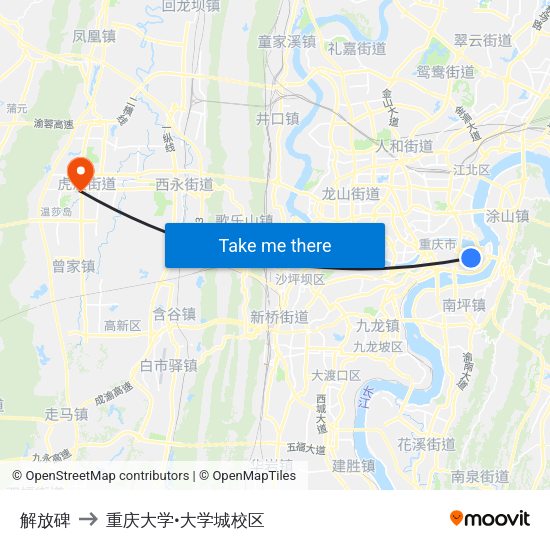 解放碑 to 重庆大学•大学城校区 map