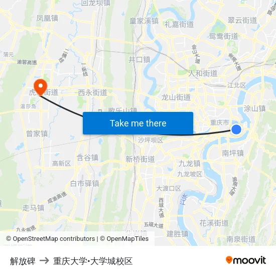 解放碑 to 重庆大学•大学城校区 map