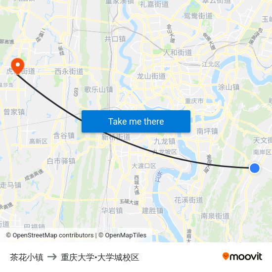 茶花小镇 to 重庆大学•大学城校区 map