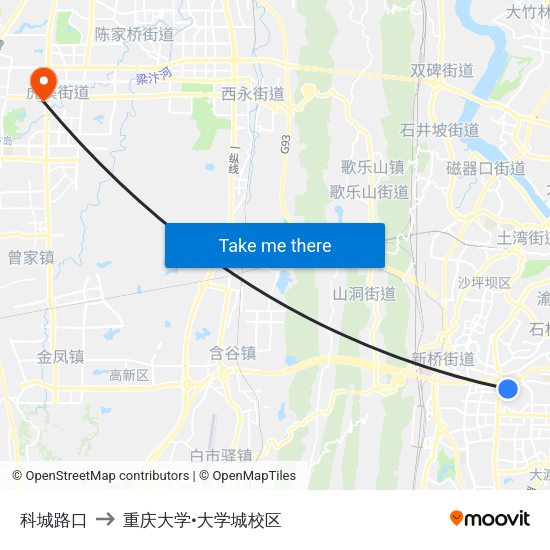 科城路口 to 重庆大学•大学城校区 map