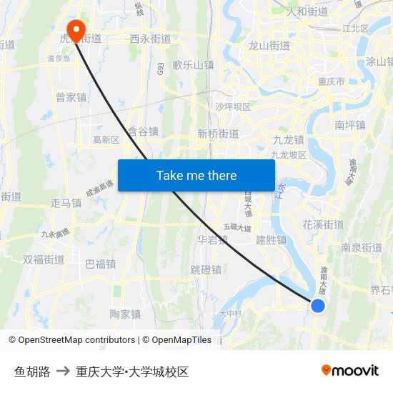 鱼胡路 to 重庆大学•大学城校区 map