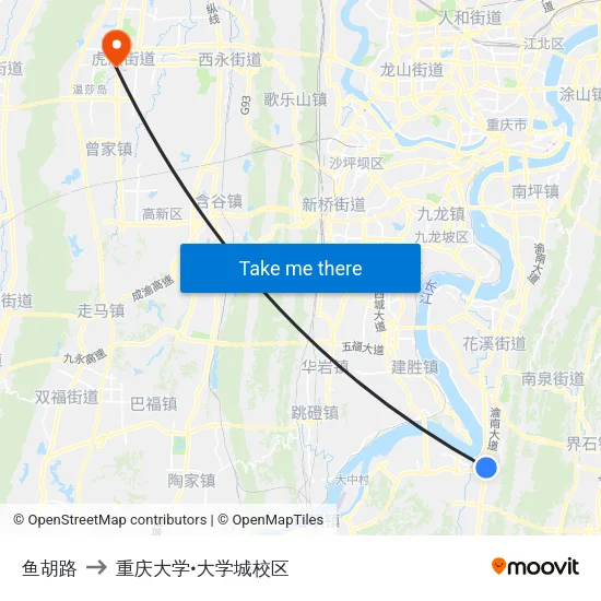 鱼胡路 to 重庆大学•大学城校区 map