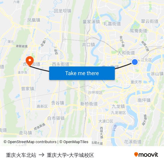 重庆火车北站 to 重庆大学•大学城校区 map