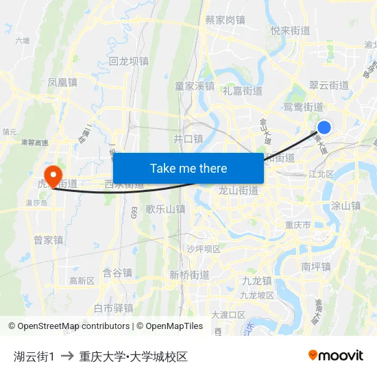 湖云街1 to 重庆大学•大学城校区 map