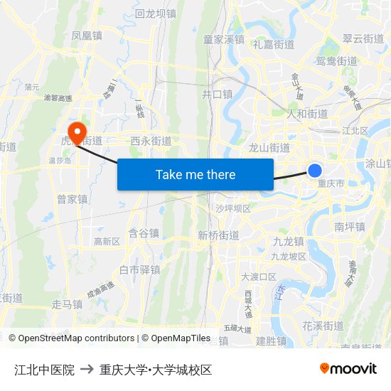 江北中医院 to 重庆大学•大学城校区 map