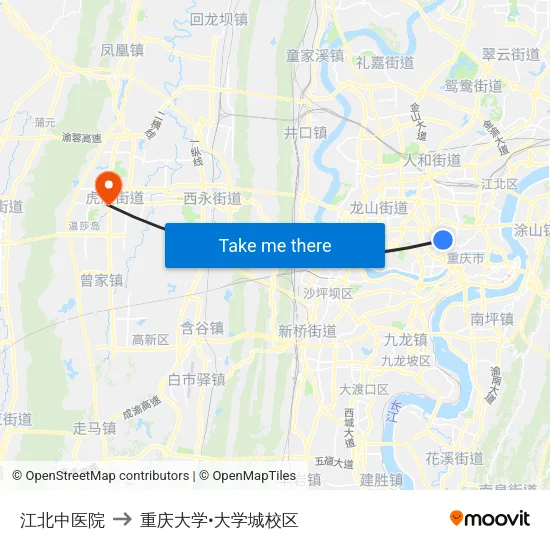 江北中医院 to 重庆大学•大学城校区 map