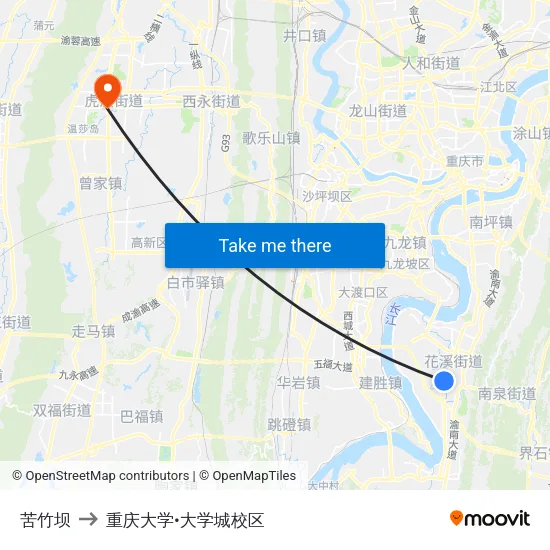 苦竹坝 to 重庆大学•大学城校区 map