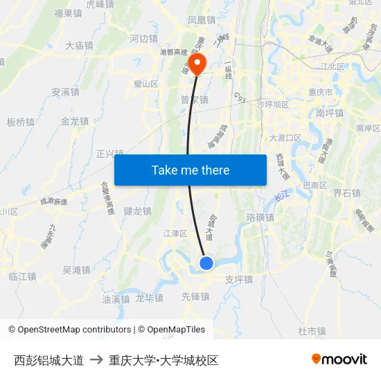 西彭铝城大道 to 重庆大学•大学城校区 map