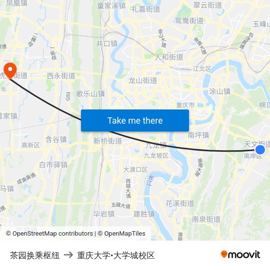 茶园换乘枢纽 to 重庆大学•大学城校区 map