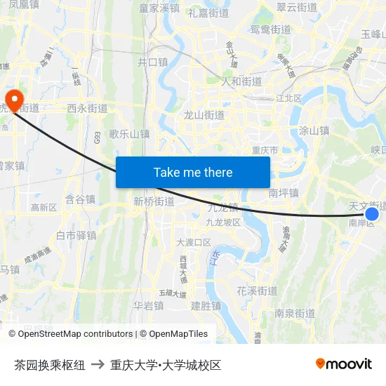 茶园换乘枢纽 to 重庆大学•大学城校区 map