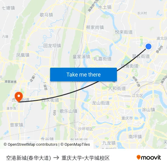 空港新城(春华大道) to 重庆大学•大学城校区 map