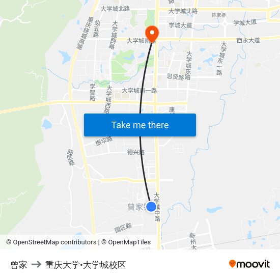 曾家 to 重庆大学•大学城校区 map
