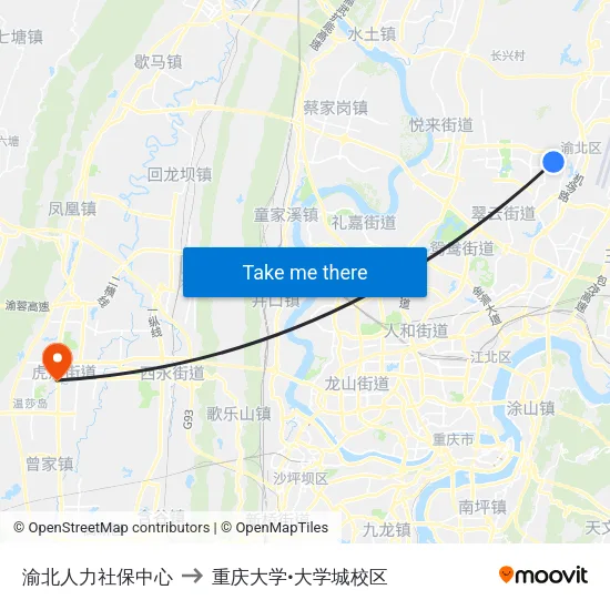 渝北人力社保中心 to 重庆大学•大学城校区 map