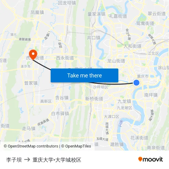 李子坝 to 重庆大学•大学城校区 map