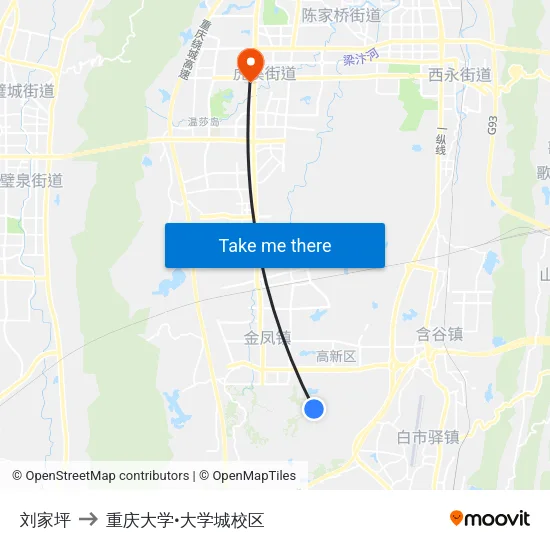 刘家坪 to 重庆大学•大学城校区 map
