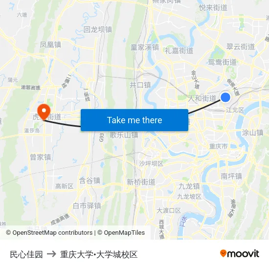 民心佳园 to 重庆大学•大学城校区 map