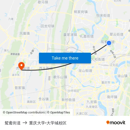 鸳鸯街道 to 重庆大学•大学城校区 map