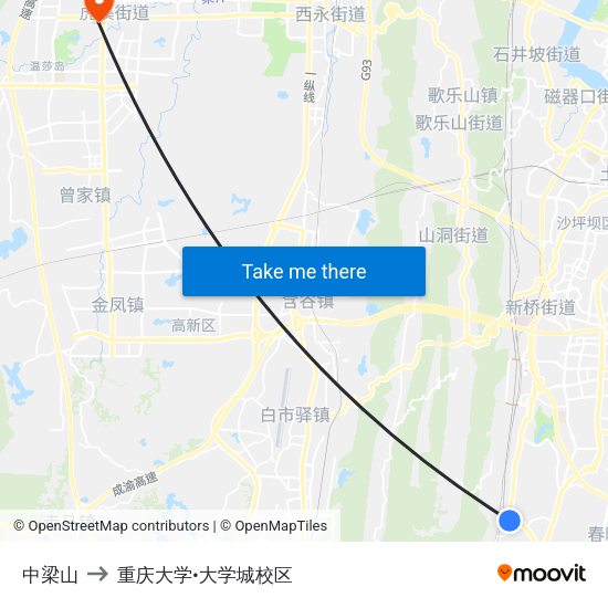 中梁山 to 重庆大学•大学城校区 map