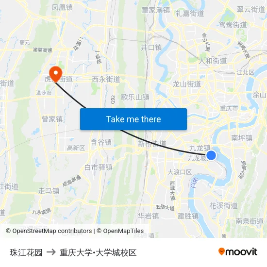 珠江花园 to 重庆大学•大学城校区 map