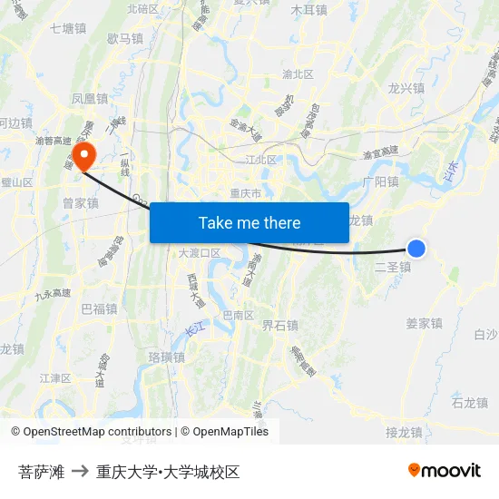 菩萨滩 to 重庆大学•大学城校区 map