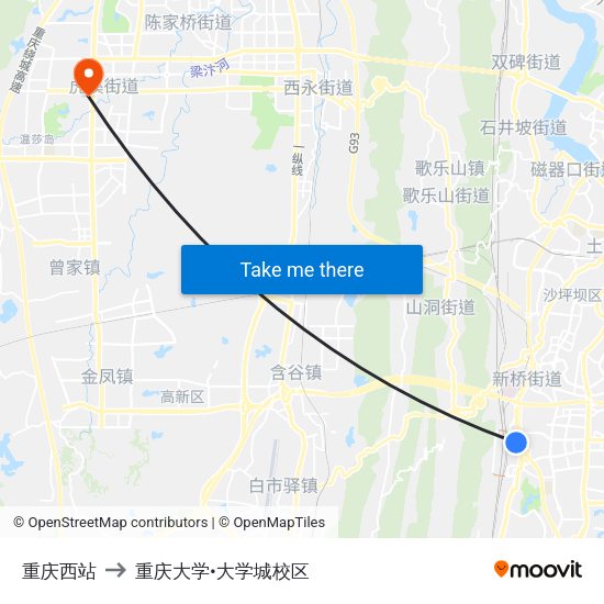 重庆西站 to 重庆大学•大学城校区 map