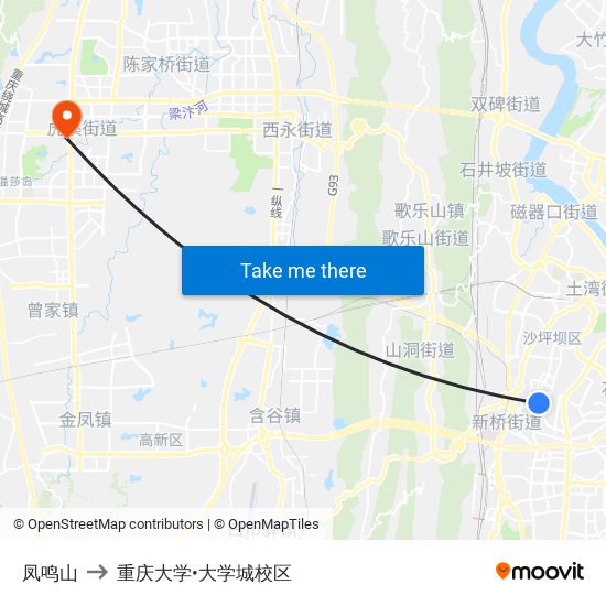 凤鸣山 to 重庆大学•大学城校区 map