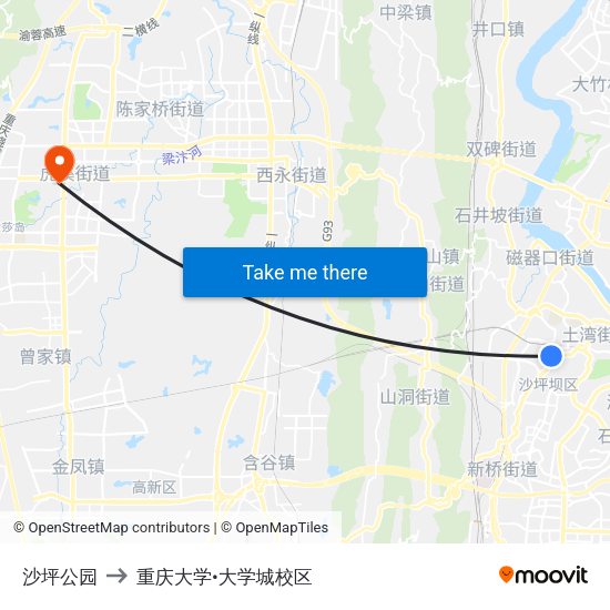沙坪公园 to 重庆大学•大学城校区 map