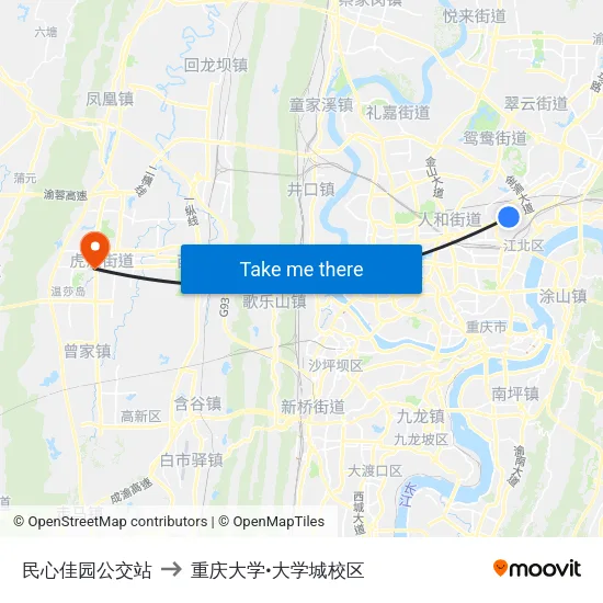 民心佳园公交站 to 重庆大学•大学城校区 map