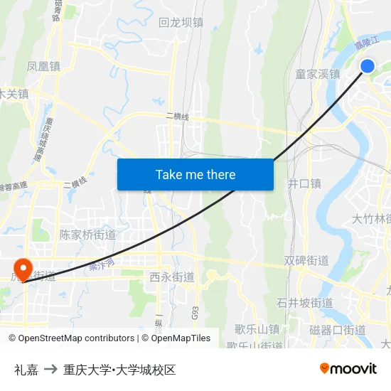 礼嘉 to 重庆大学•大学城校区 map