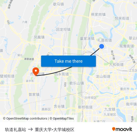 轨道礼嘉站 to 重庆大学•大学城校区 map