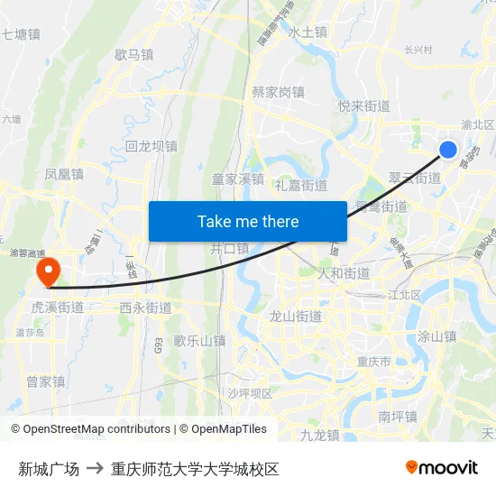 新城广场 to 重庆师范大学大学城校区 map