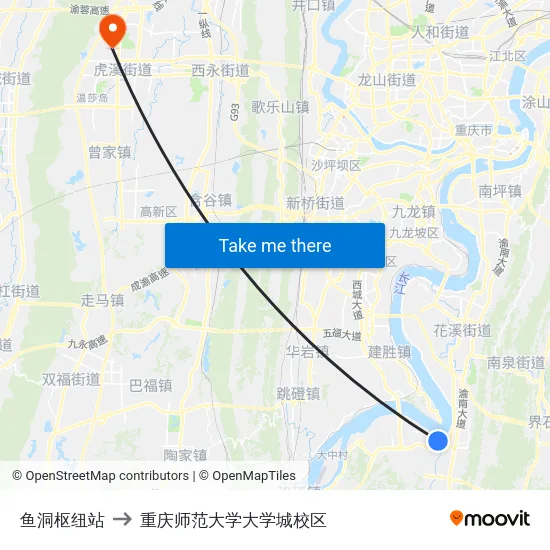 鱼洞枢纽站 to 重庆师范大学大学城校区 map