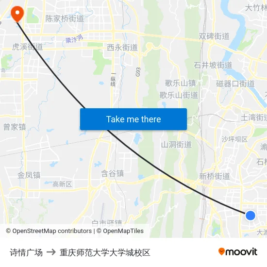 诗情广场 to 重庆师范大学大学城校区 map