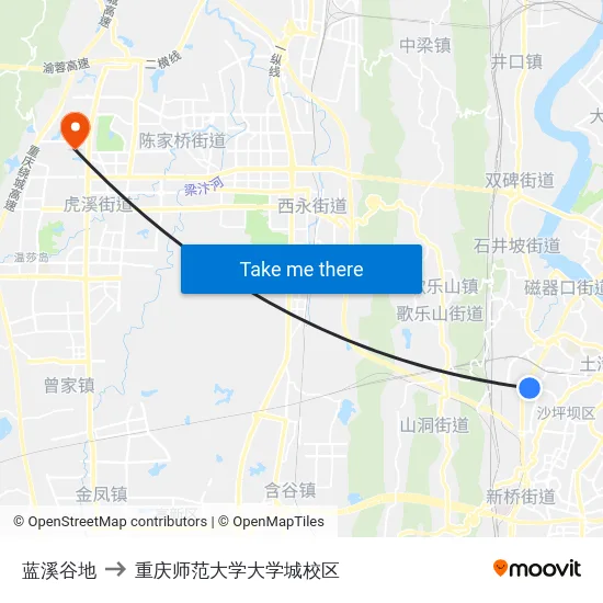 蓝溪谷地 to 重庆师范大学大学城校区 map
