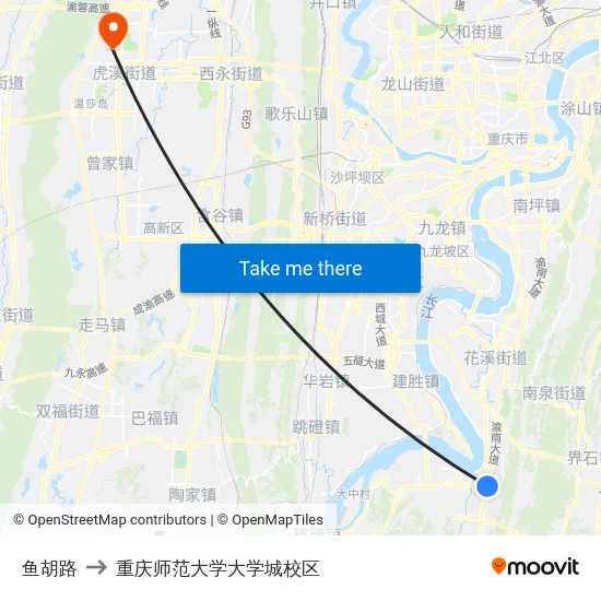 鱼胡路 to 重庆师范大学大学城校区 map