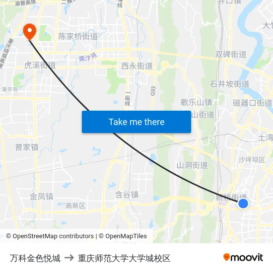 万科金色悦城 to 重庆师范大学大学城校区 map